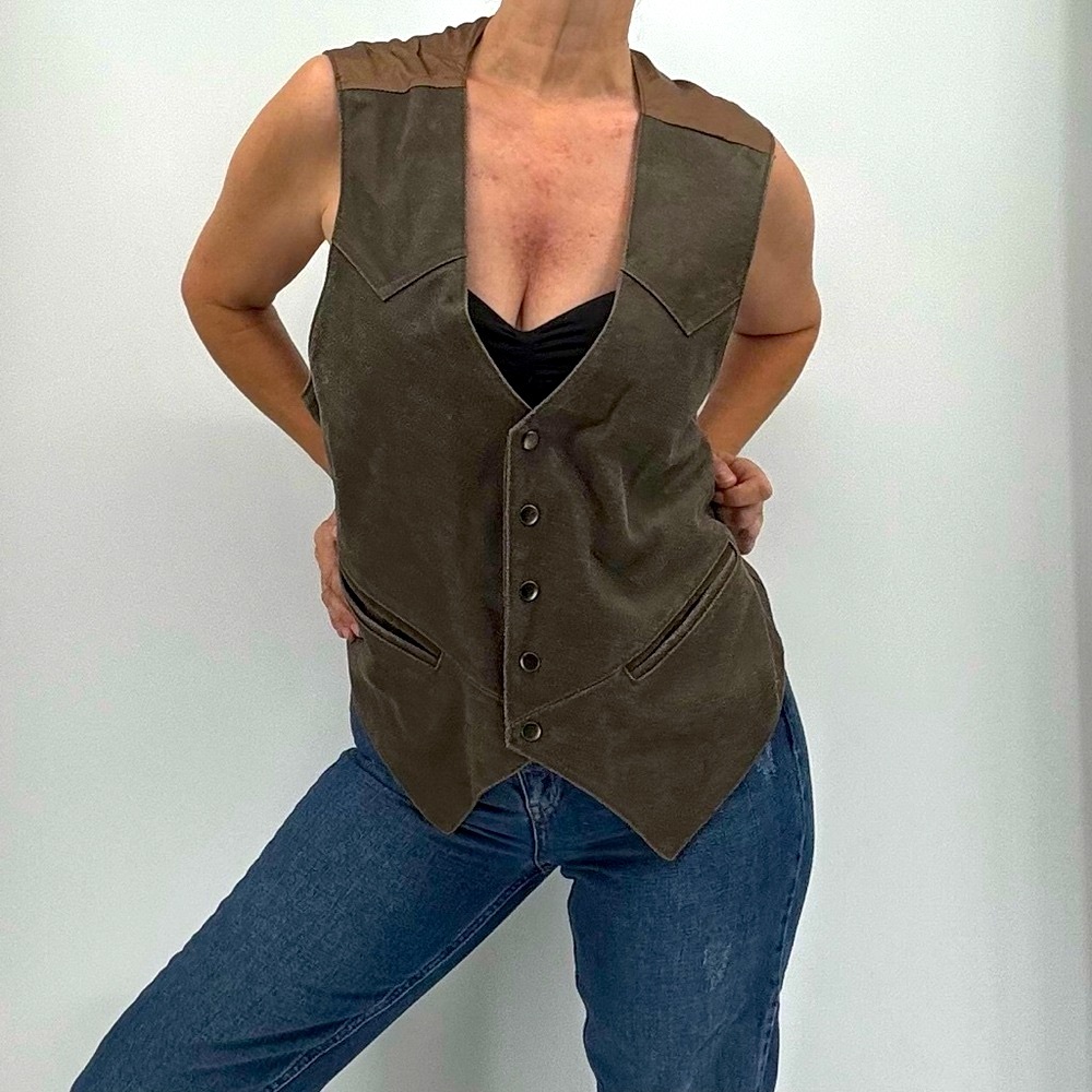 Vintage 90’s Western Frontier Genuine Suede Leather Cowboy Rodeo Biker Vest